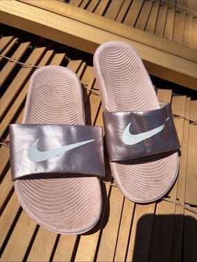 Nike Rose Metallic Slide Sandals with White Swoosh 3Y